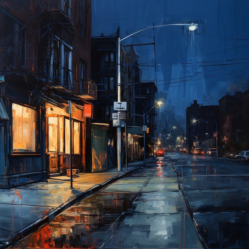 AI-generated oil painting image of a city street at night with a warm glow coming out of the windows of a bar