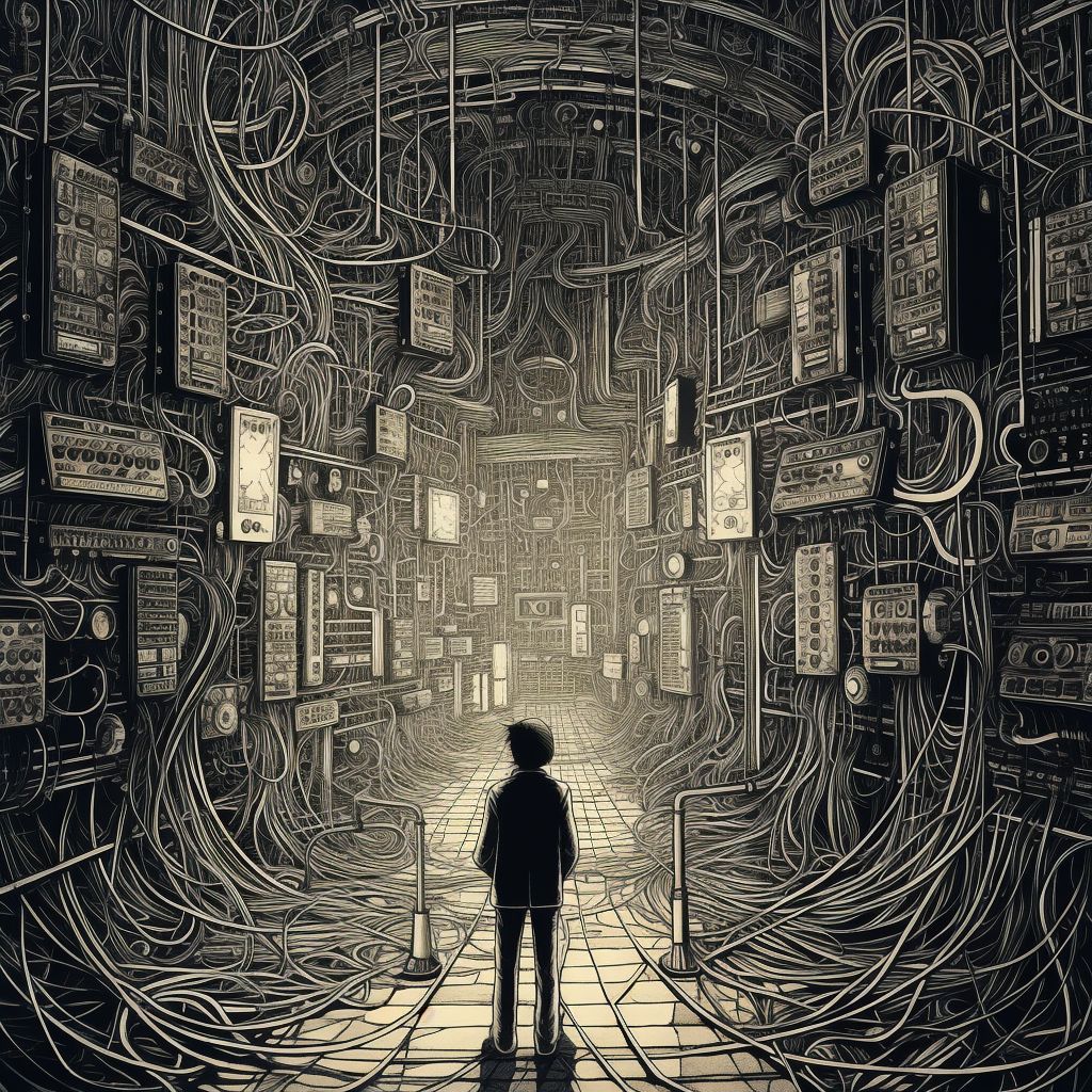 An engineer standing in a maze made of cables and circuit boards