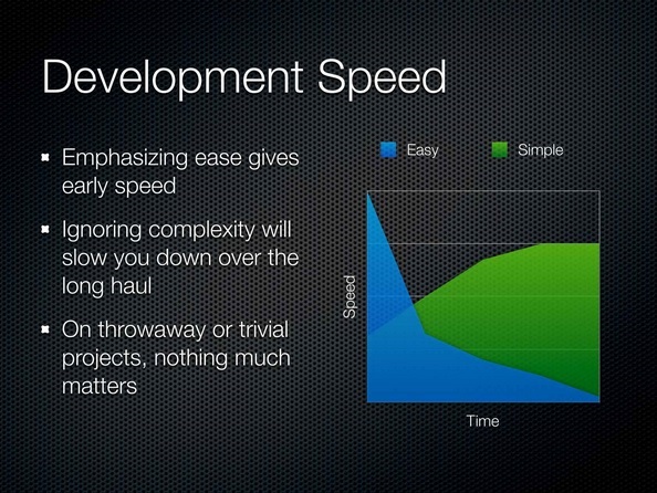 Slide from R. Hickey's Simple Made Easy presentation showing that 'easy' gives an initial speed boost that slows down whereas 'simple' starts slow and increases your velocity